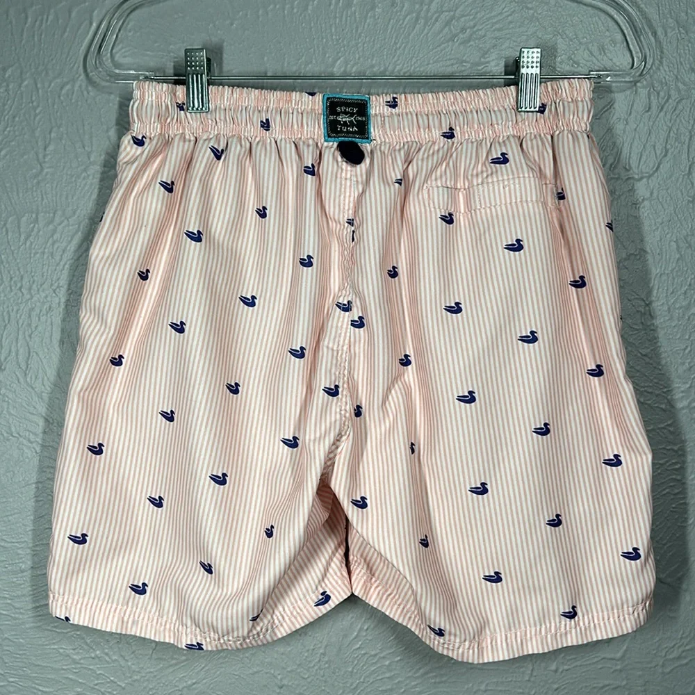 Spicy Tuna Pink Coral & White Striped Duck Print Men's Swim Trunks Size … - Picture 8 of 10